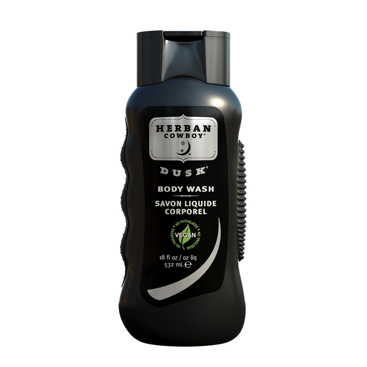 Herban Cowboy Dusk bottle label highlights cedar and sandalwood notes for daily use.