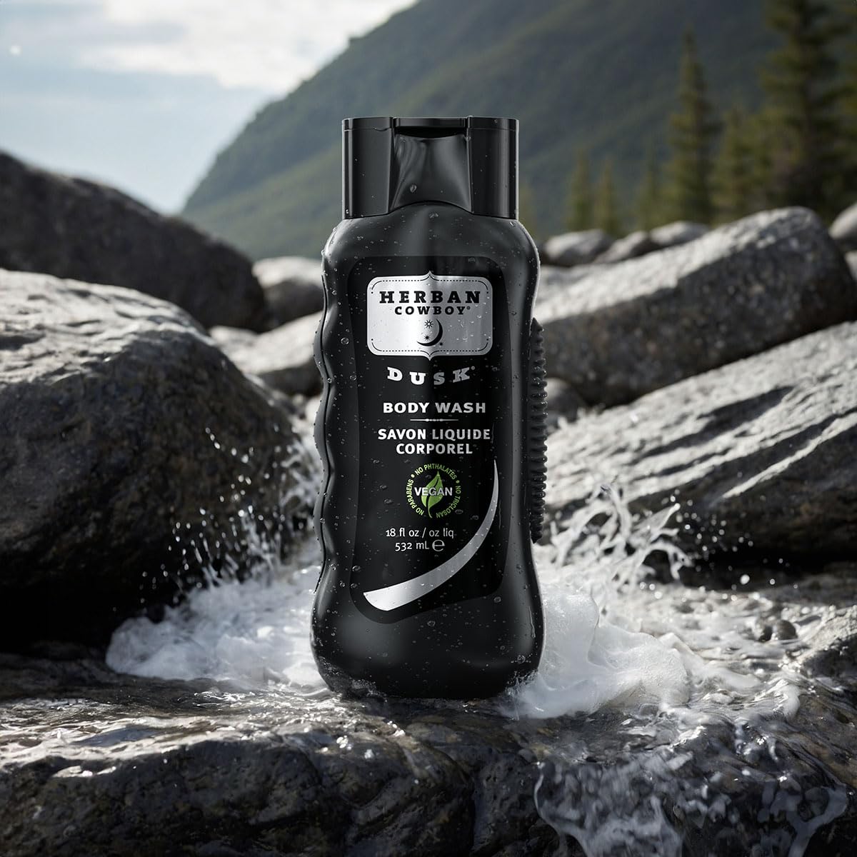 Herban Cowboy Dusk splash image emphasizes easy rinse and refreshing finish.
