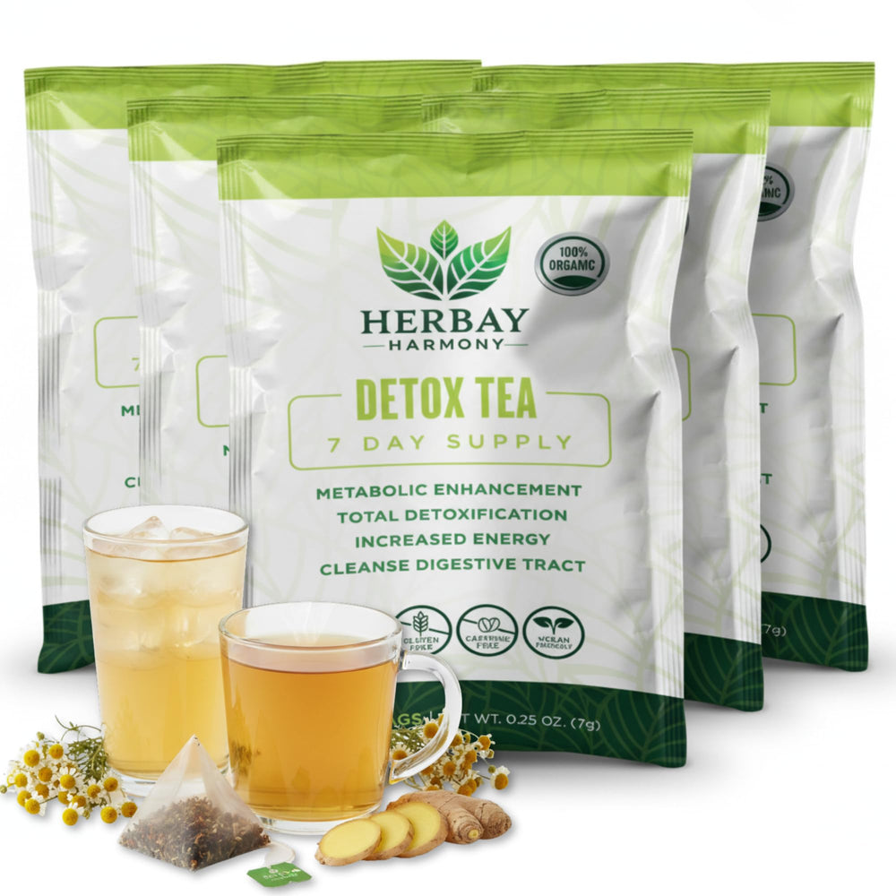 Herbay Harmony Detox Tea packaging for a caffeine-free cleanse routine