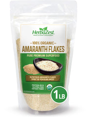 HerbaZest Amaranth Flakes packaging highlighting organic, gluten-free nutrition for daily meals.