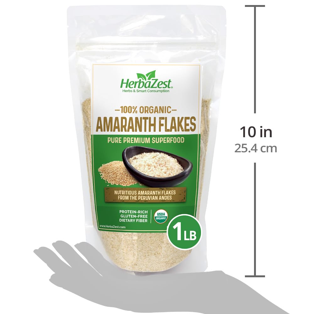 USDA Organic label on HerbaZest Amaranth Flakes bag emphasizes quality.