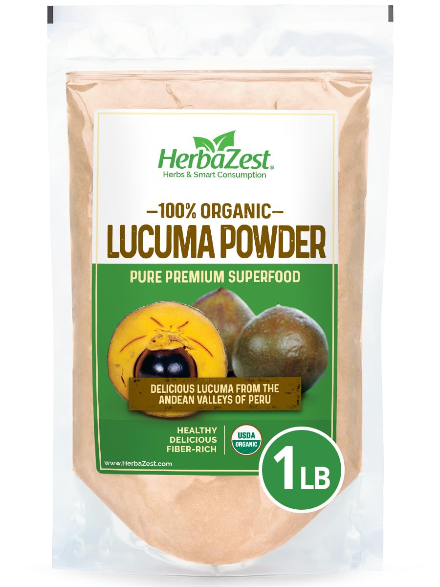 HerbaZest Lucuma Powder Organic 16oz package for fiber and flavor enhancement in meals