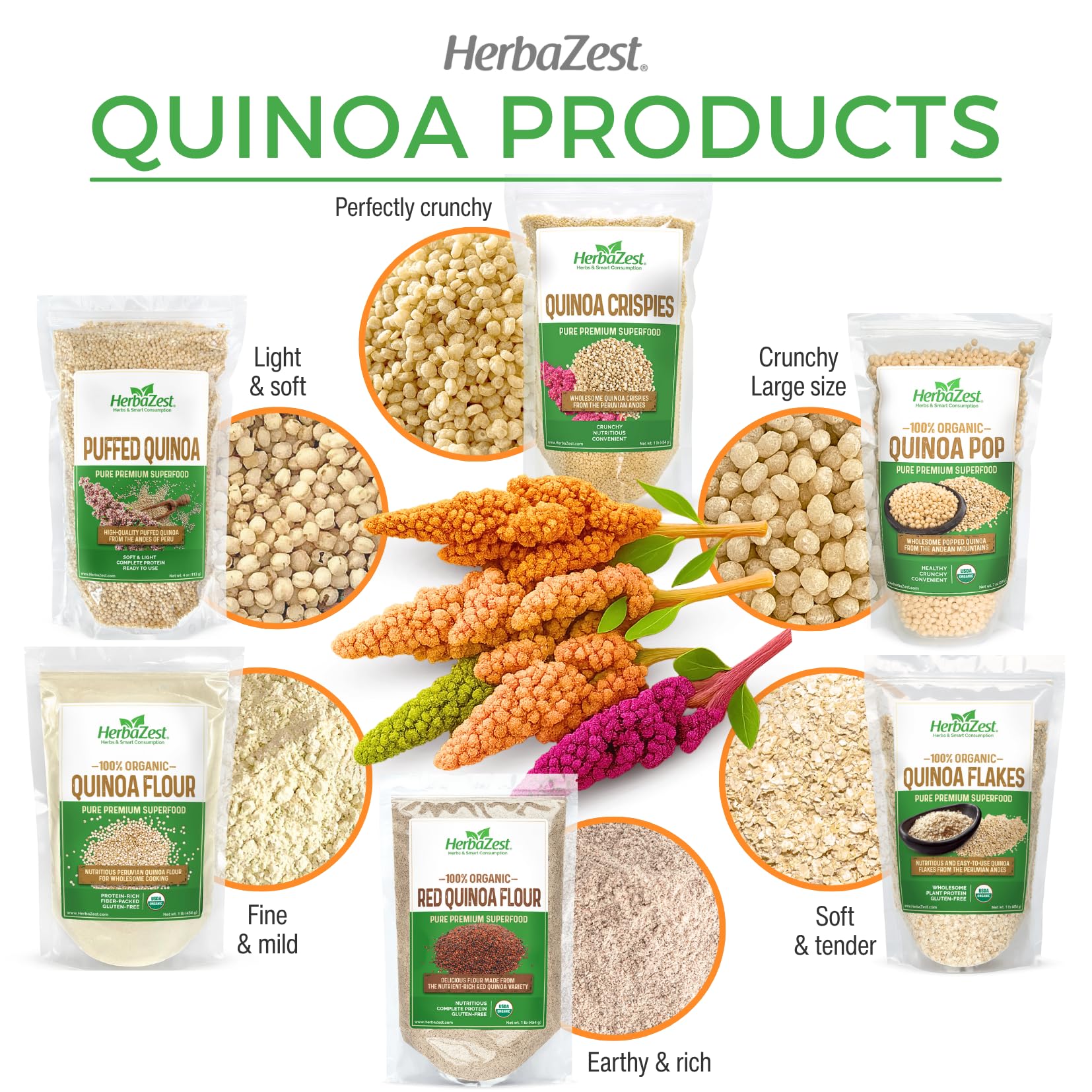 HerbaZest Quinoa Flakes gluten-free and vegan-friendly label on pack.