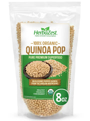 HerbaZest Quinoa Pop Organic bag front highlighting wholesome ingredients for quick snacking