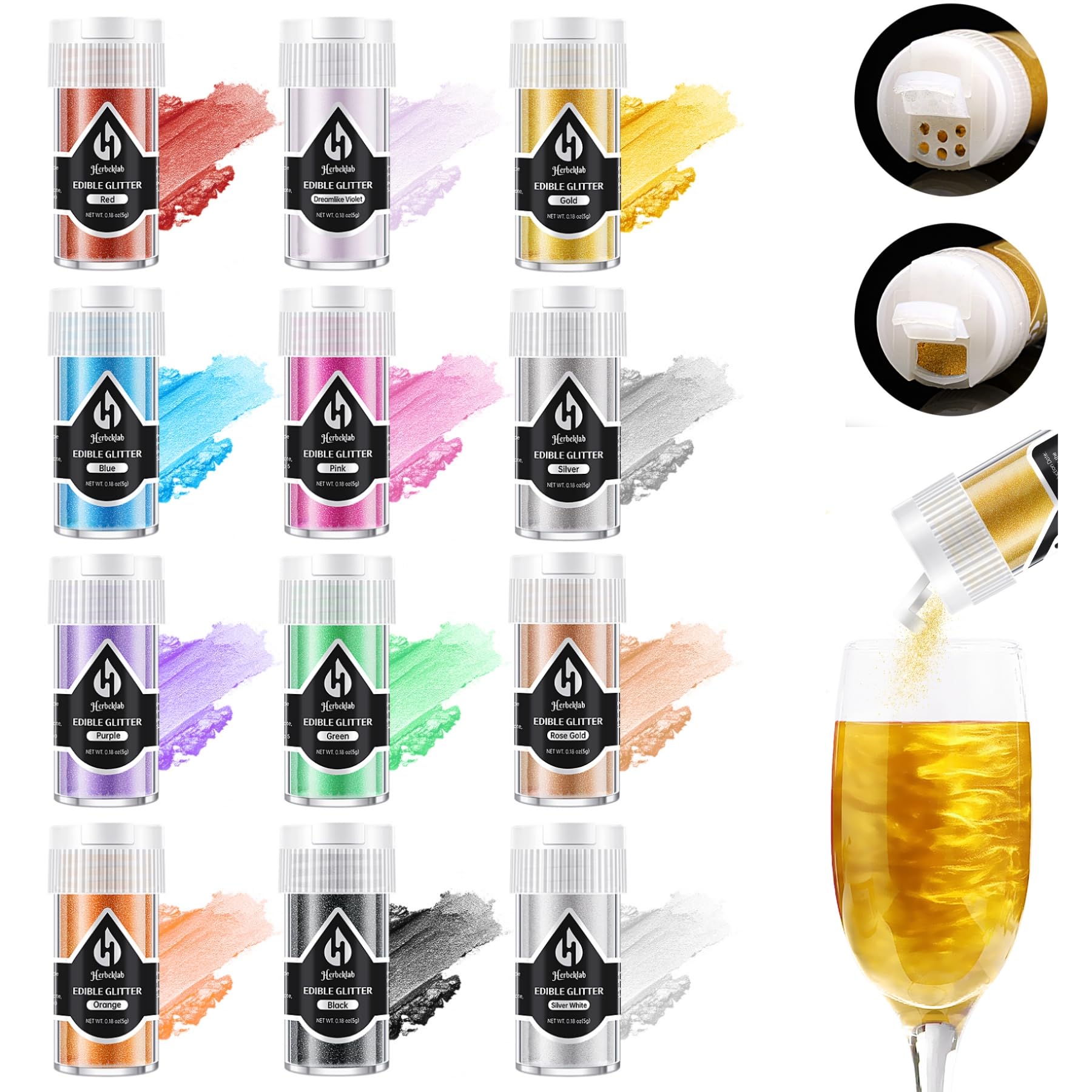 Herbeklab edible glitter 12 colors bottle to spark drinks and desserts