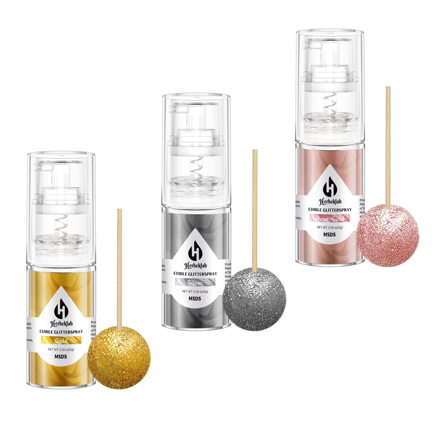 Herbeklab edible glitter spray gold bottle close-up for vibrant cake decoration