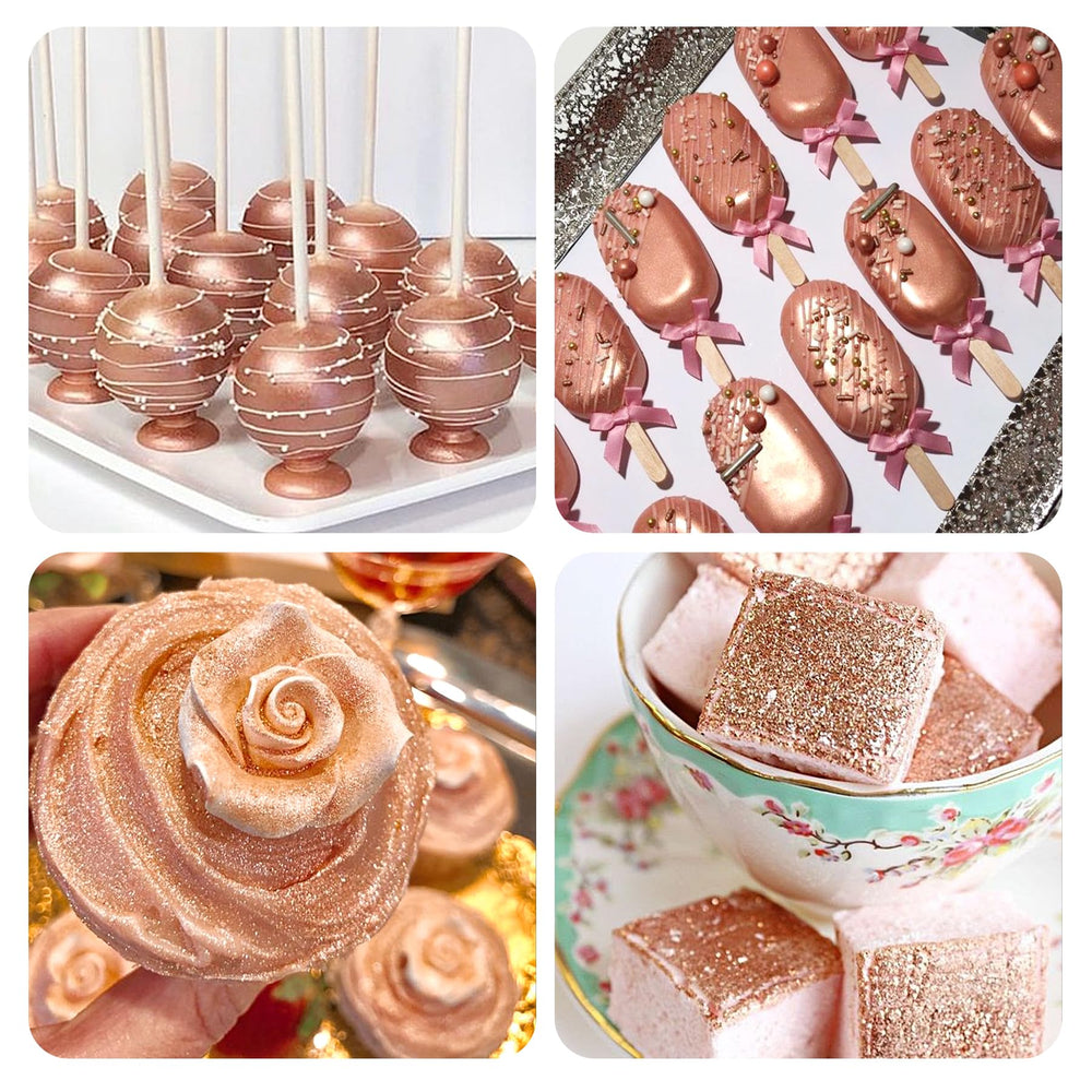 Herbeklab rose gold glitter dust finish for chocolate and cookies.