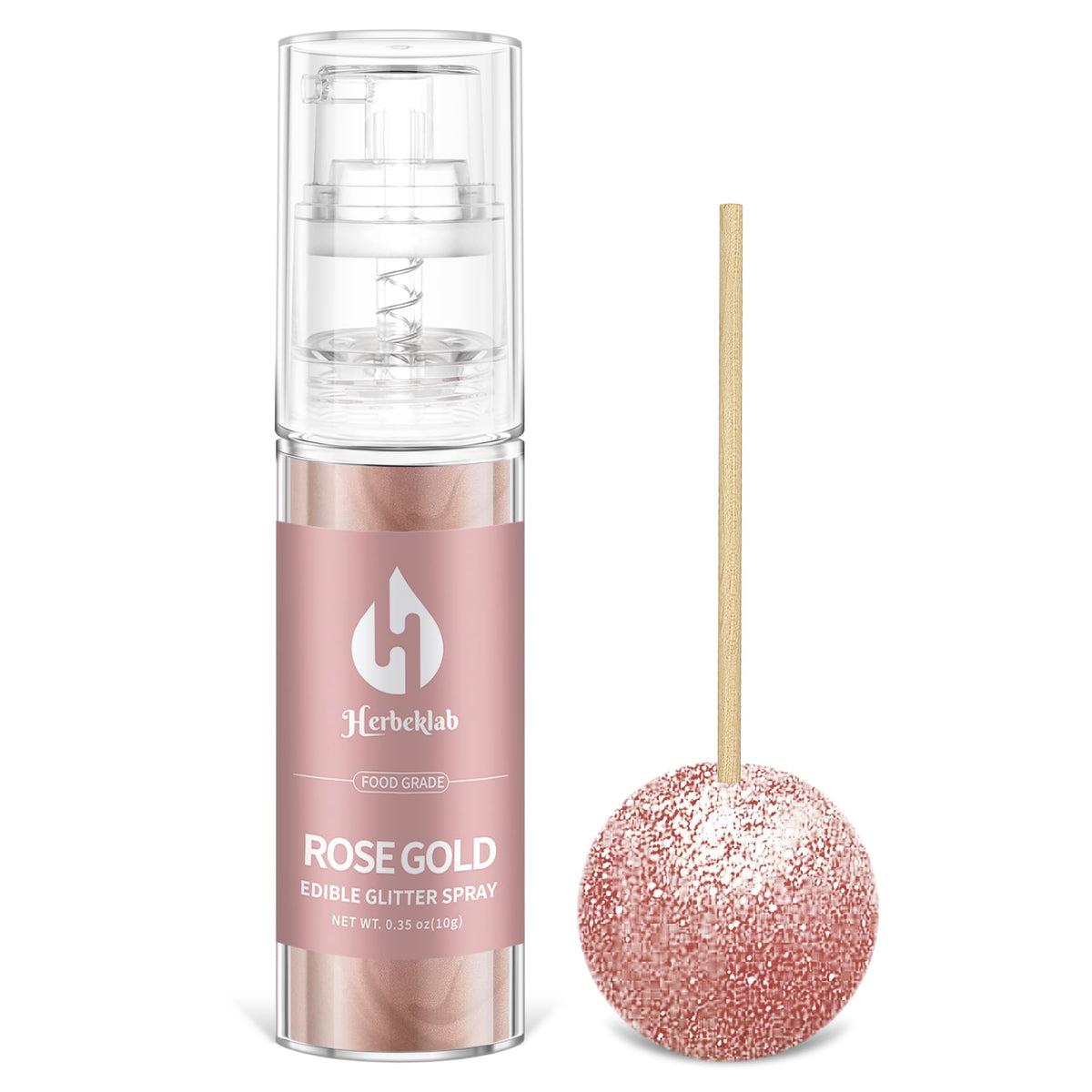 Herbeklab rose gold edible glitter spray on a cake for shimmering finish.