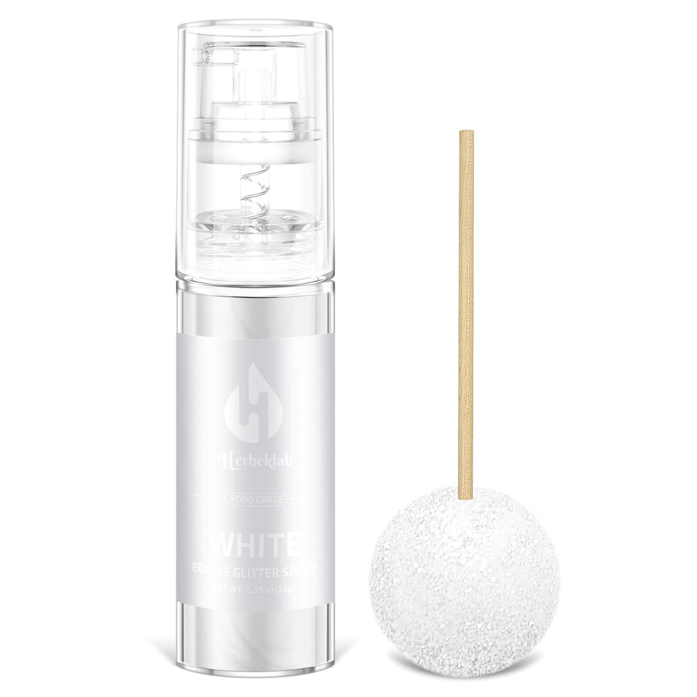 Herbeklab white edible glitter spray on cake decoration for a shimmering finish