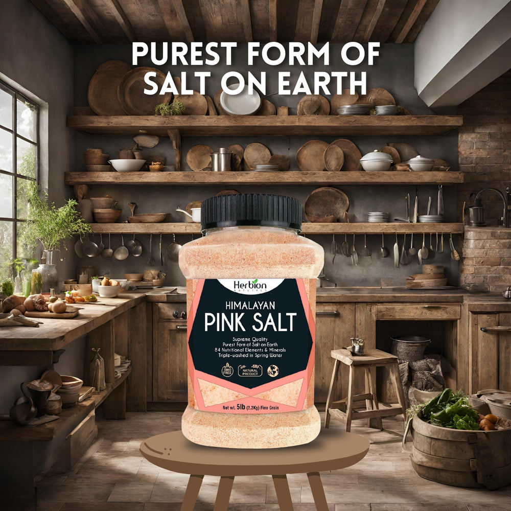 HERBION Himalayan Pink Salt crystals beside fresh ingredients for flavor boosts.