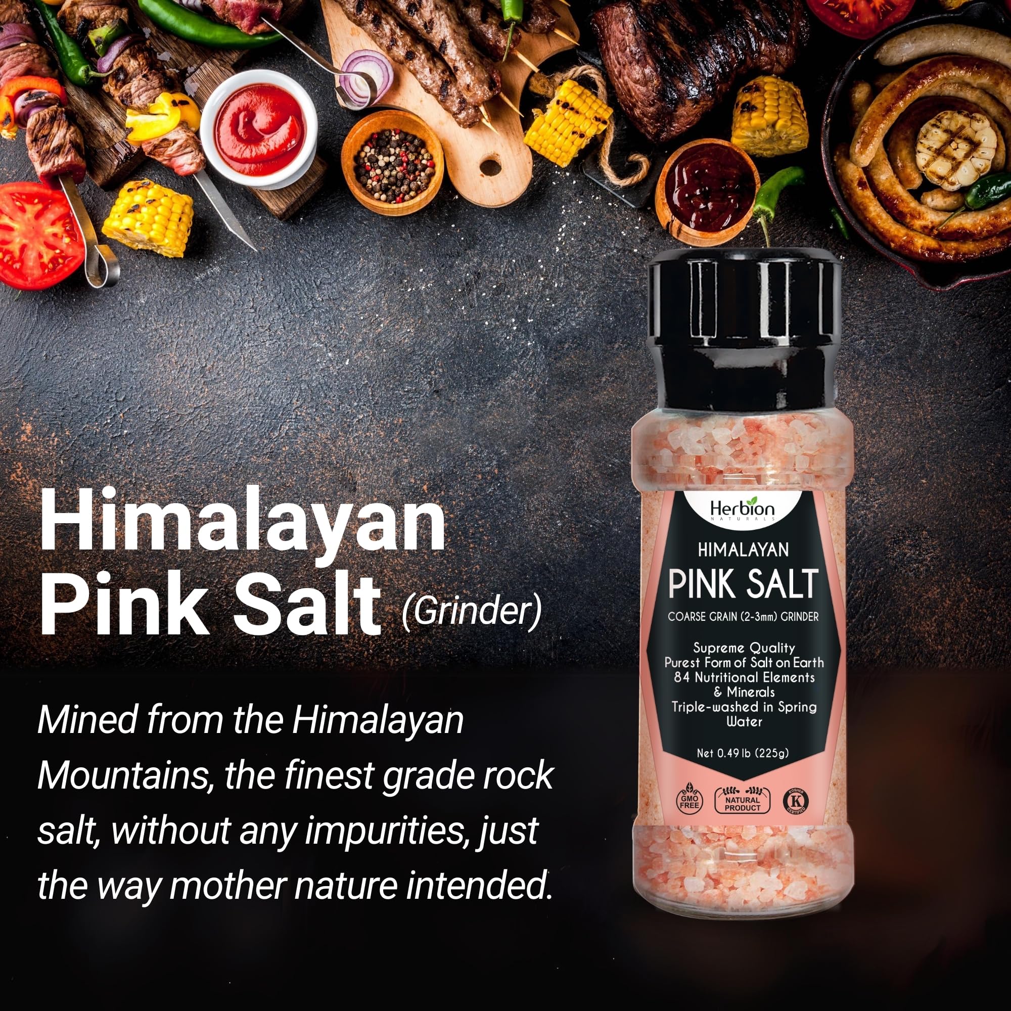 HERBION Himalayan Pink Salt Grinder refill cap showing easy reloading and storage