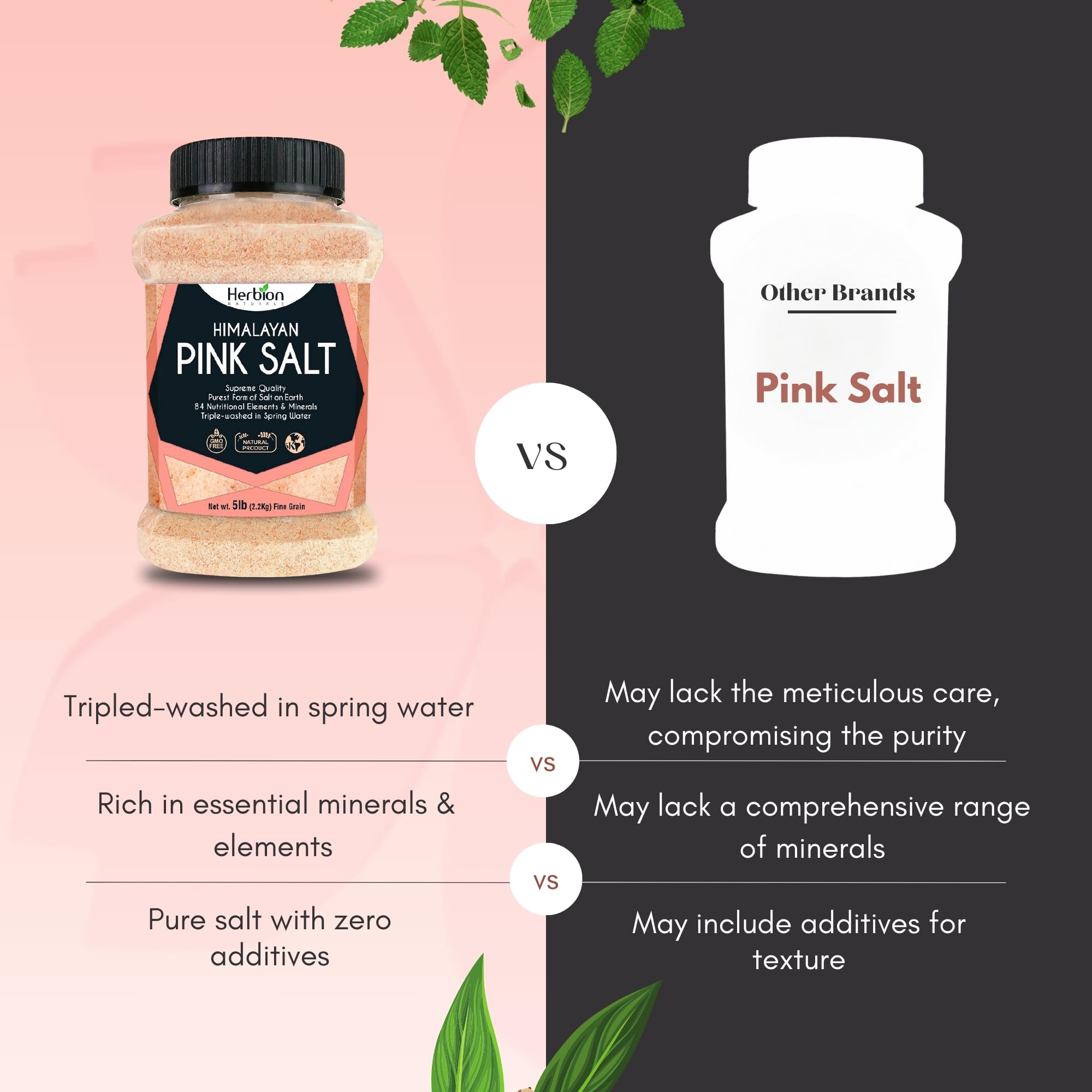 HERBION Himalayan Pink Salt airtight jar on a clean kitchen counter.