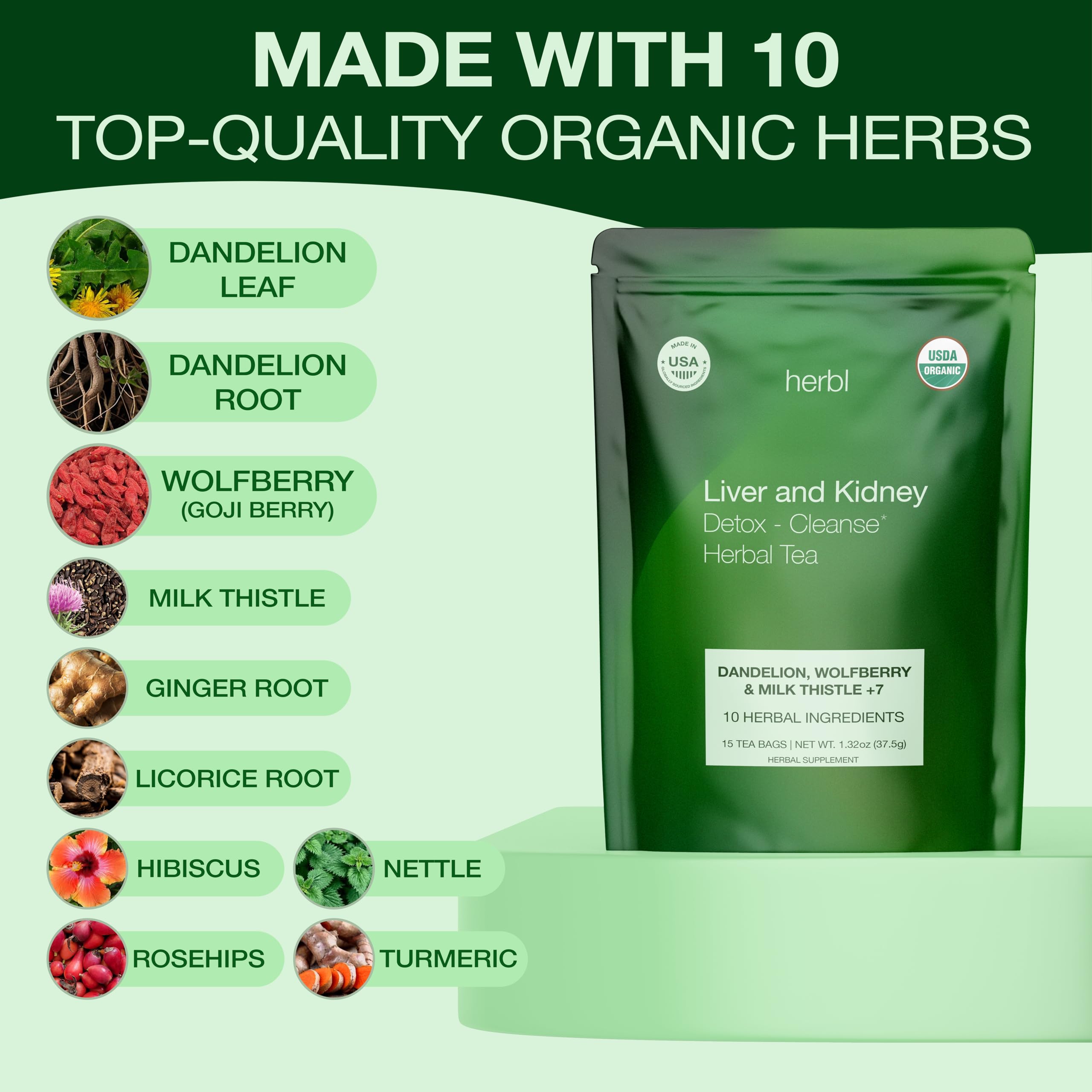 Herbl Dandelion Wolfberry Tea tea bag closeup highlights dried herbs for a gentle detox routine
