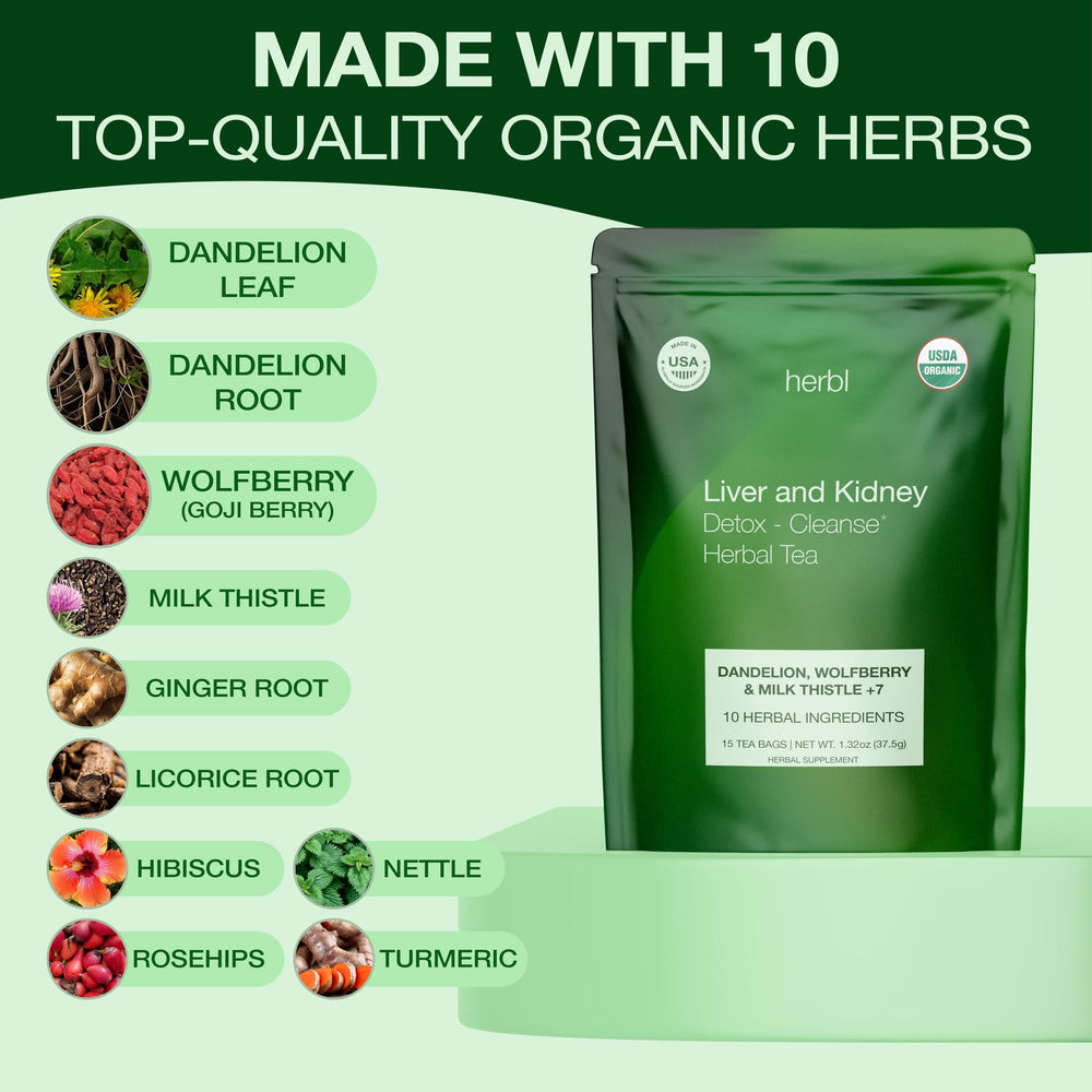 Herbl Dandelion Wolfberry Tea tea bag closeup highlights dried herbs for a gentle detox routine