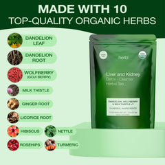 Herbl Dandelion Wolfberry Tea tea bag closeup highlights dried herbs for a gentle detox routine