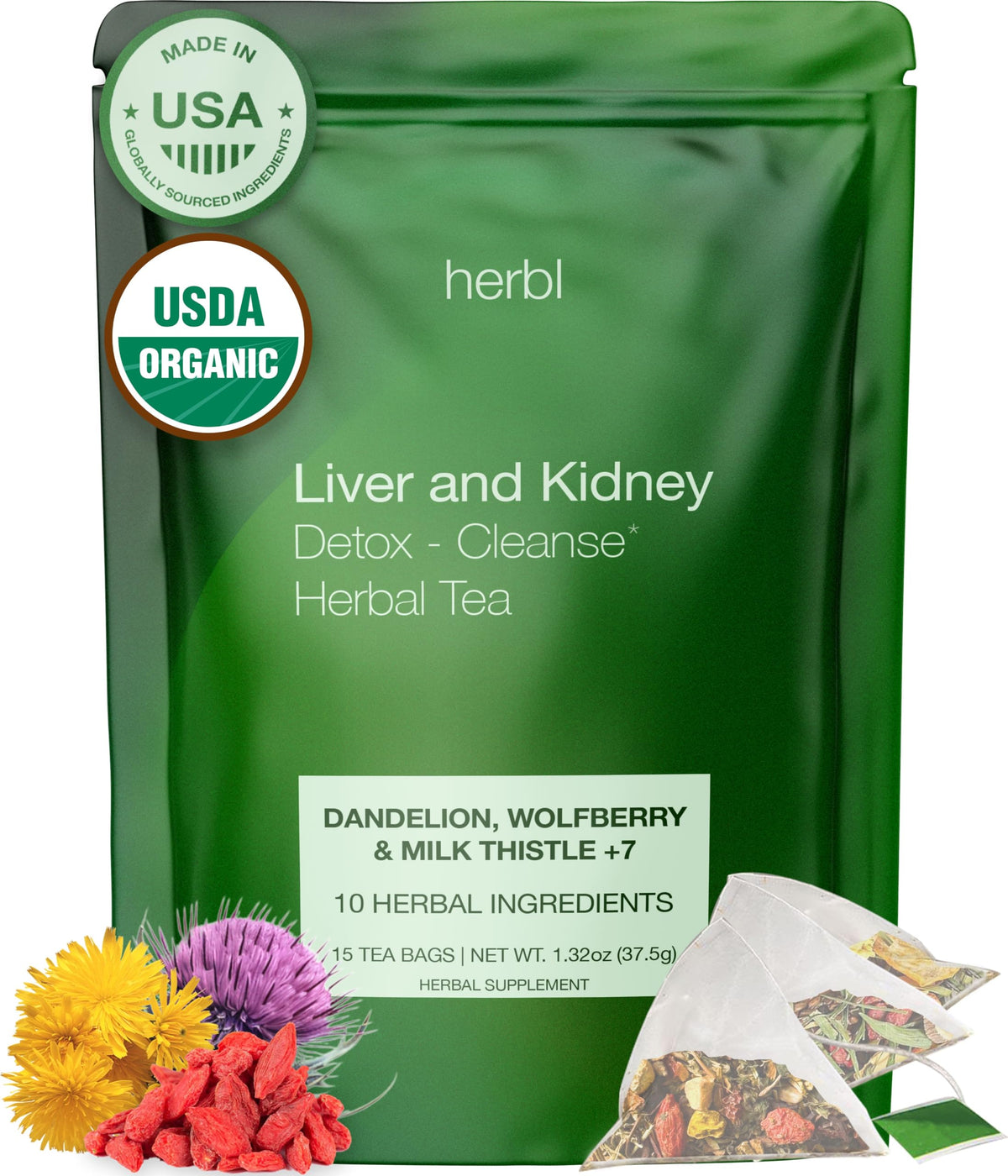 Herbl Organic Dandelion Wolfberry Tea packaging shows premium organic ingredients for daily liver and kidney support
