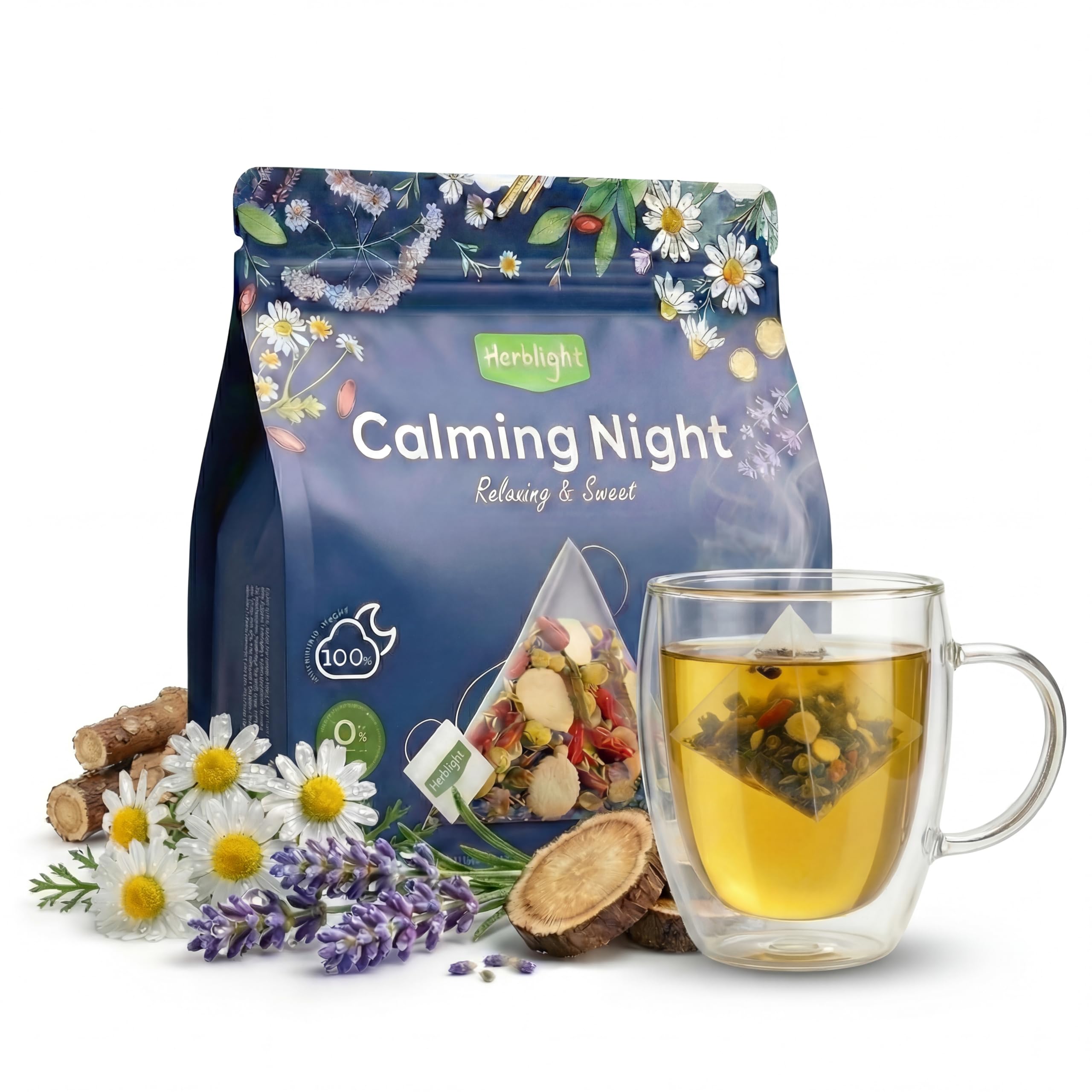 Herblight Bedtime Tea with ashwagandha-lavender in cup for calming evenings.