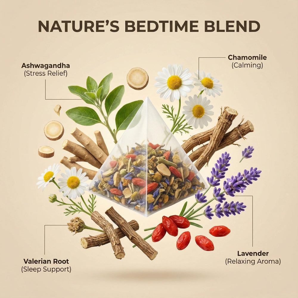 Herblight Bedtime Tea foil-pouch packaging preserves freshness and aroma.