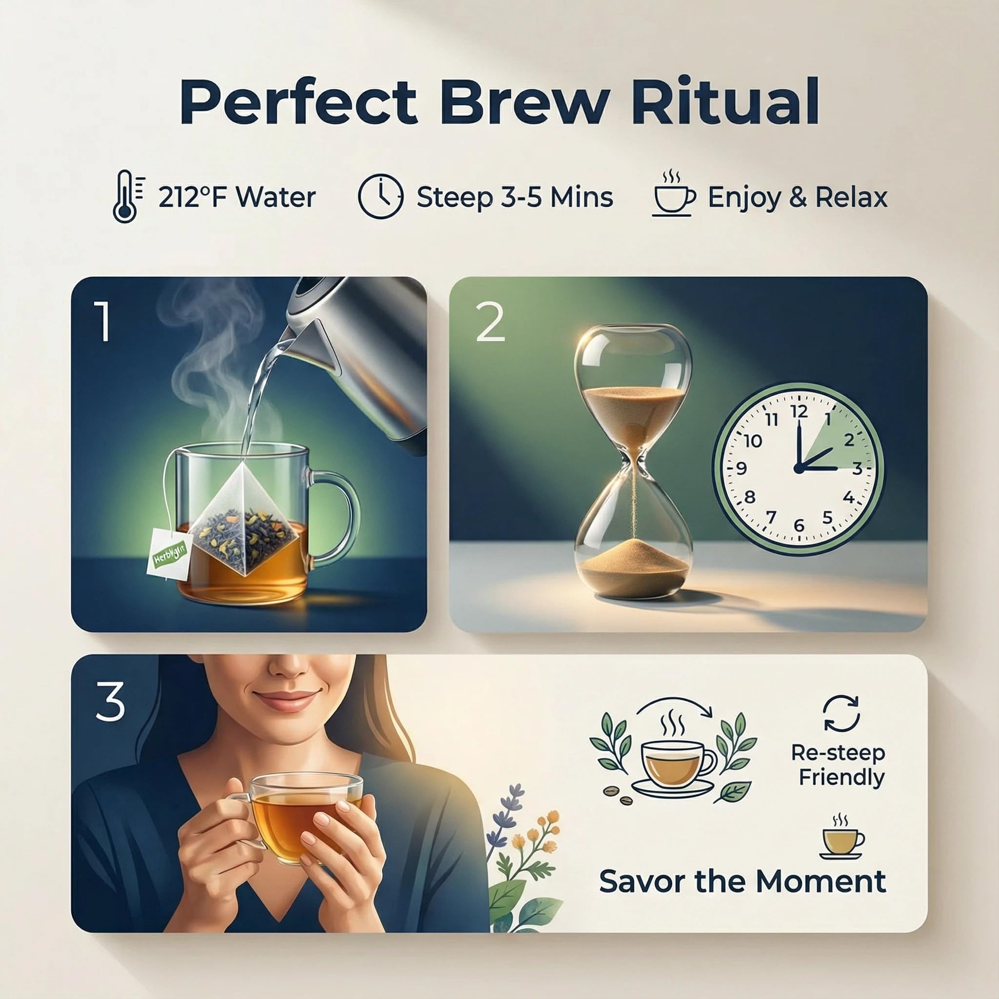 Herblight Bedtime Tea pyramid bags on display emphasize convenience.