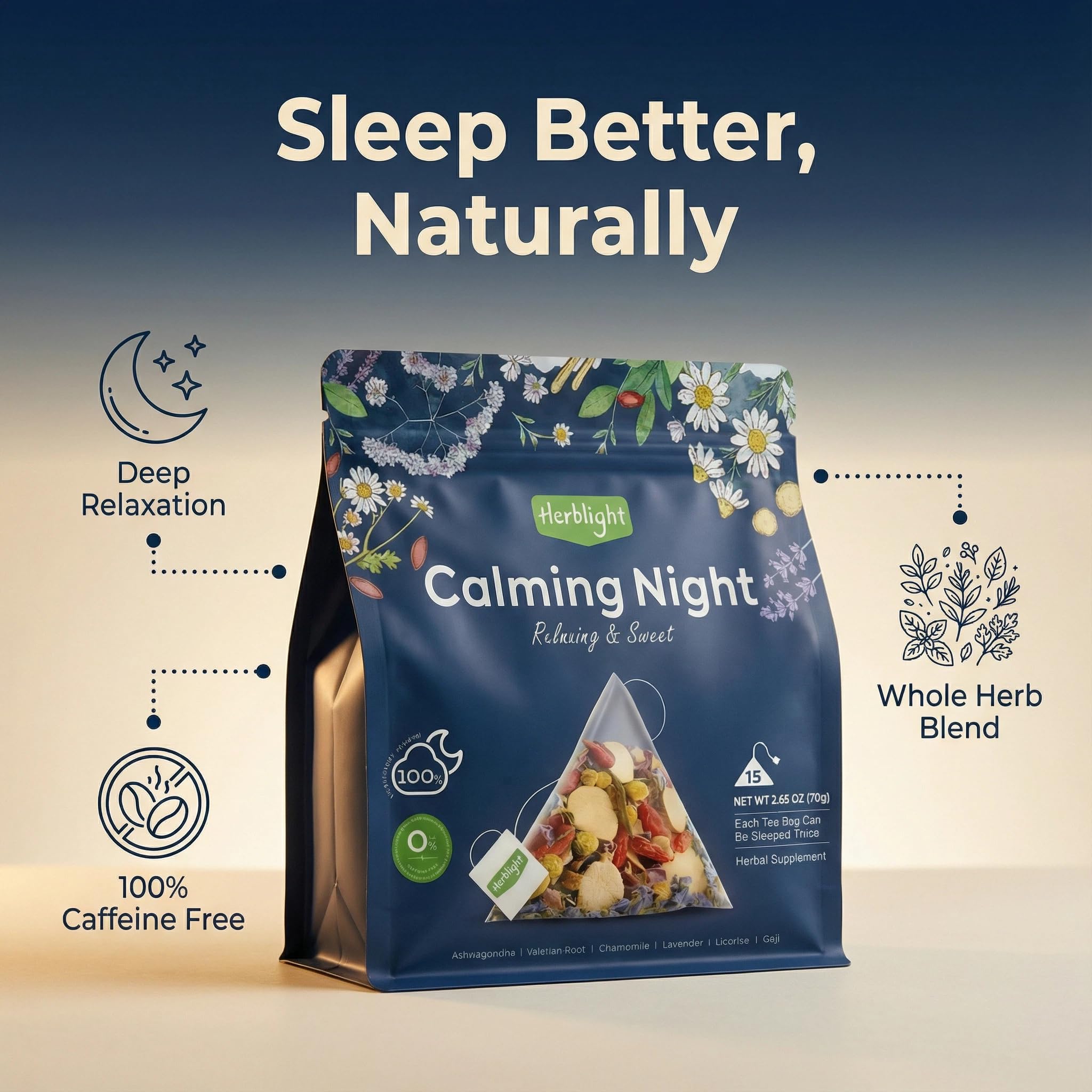 Herblight Bedtime Tea loose-herbs blend in pyramid bag for full flavor.