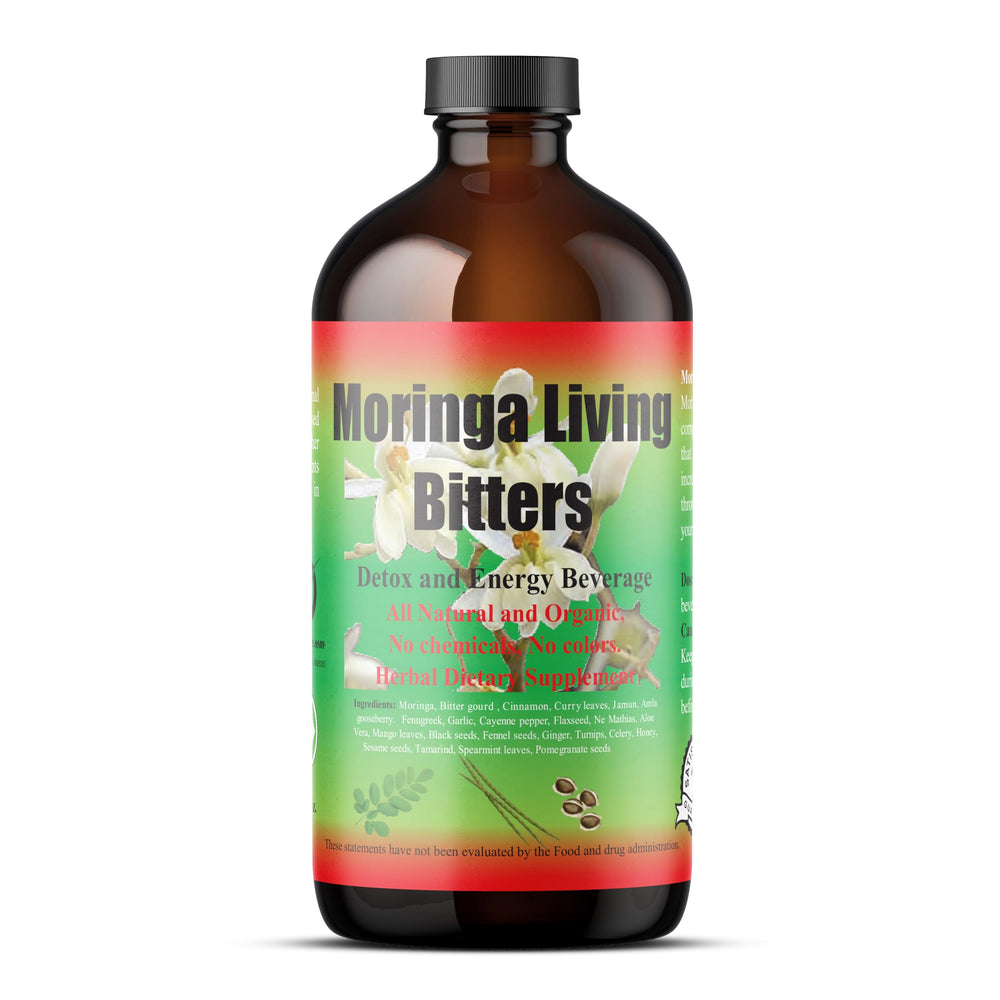 HERBOGANIC Moringa Living Bitter bottle on the counter for daily wellness.