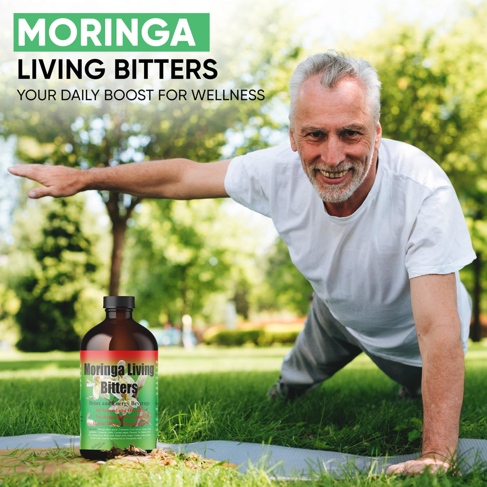 HERBOGANIC Moringa Living Bitter on the kitchen counter beside herbs.