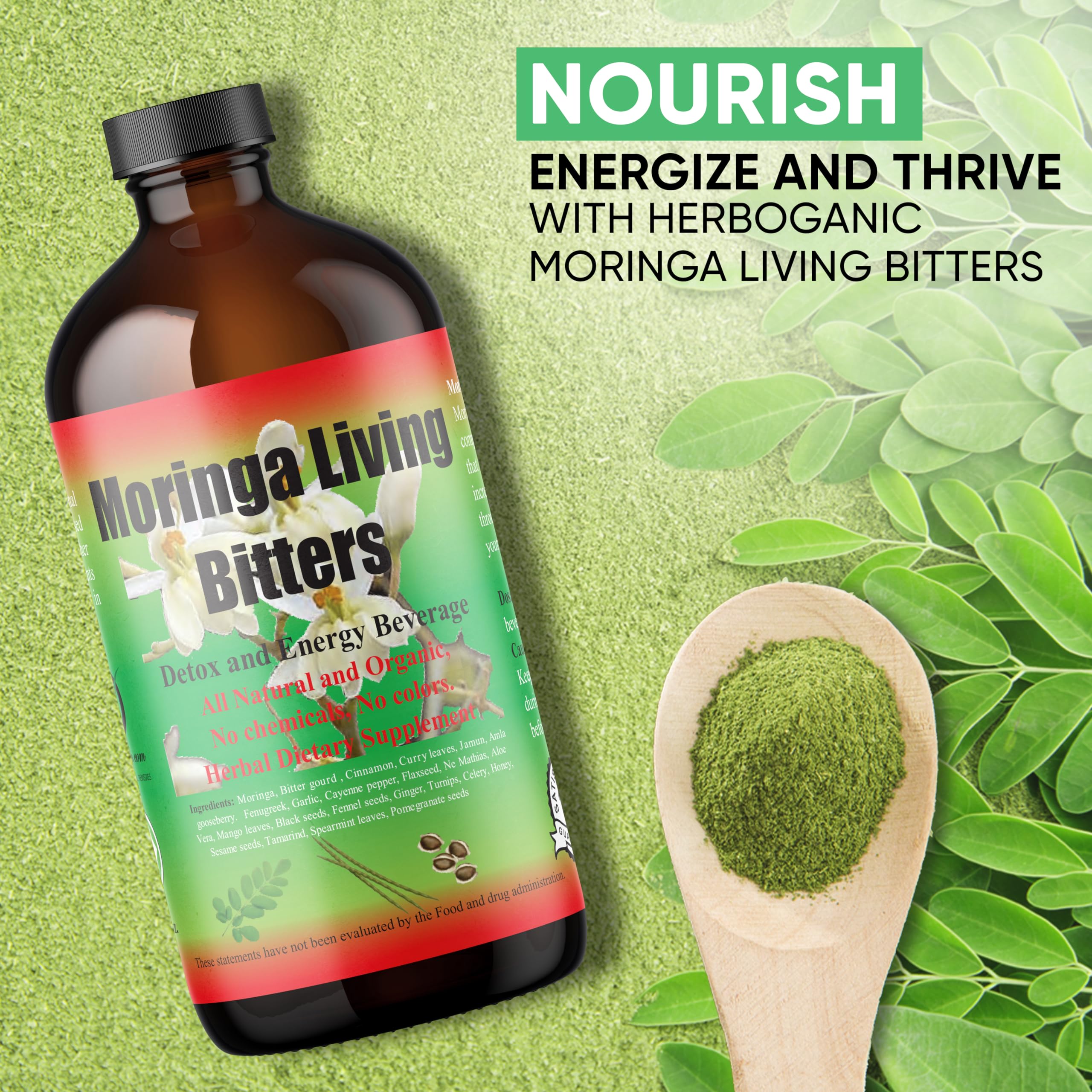 HERBOGANIC Moringa Living Bitter packaging box displayed beside the bottle.