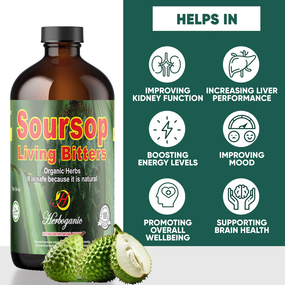 Label detail on HERBOGANIC Soursop Bitters highlighting organic, vegan, non-GMO