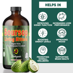 Label detail on HERBOGANIC Soursop Bitters highlighting organic, vegan, non-GMO
