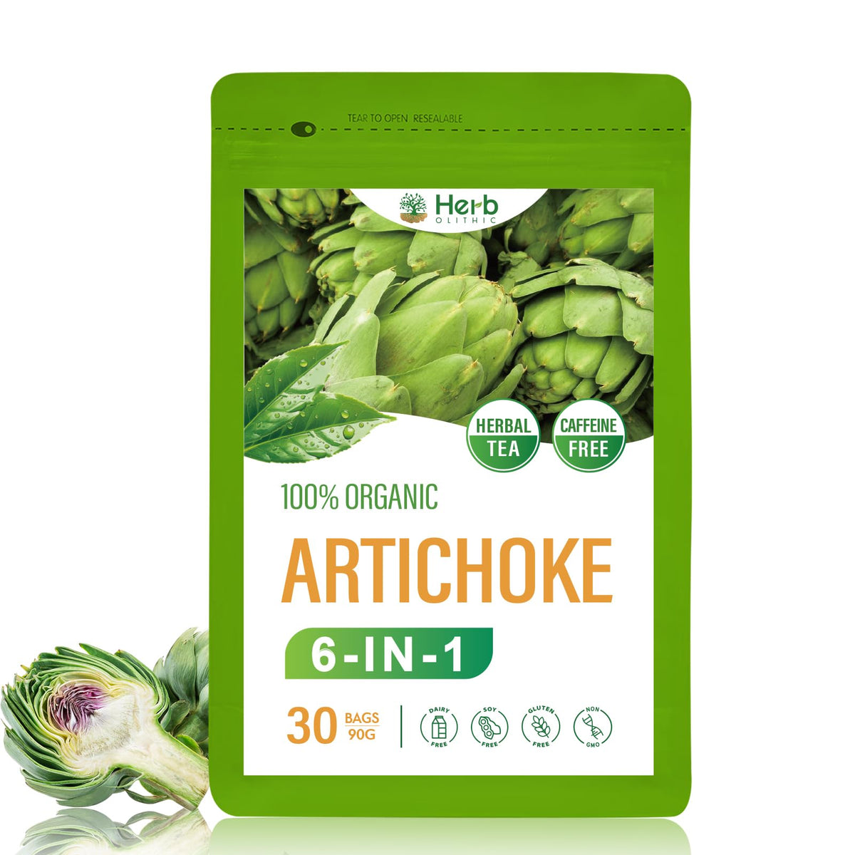 HerbOLITHIC Artichoke Tea packaging showcases caffeine-free detox option.