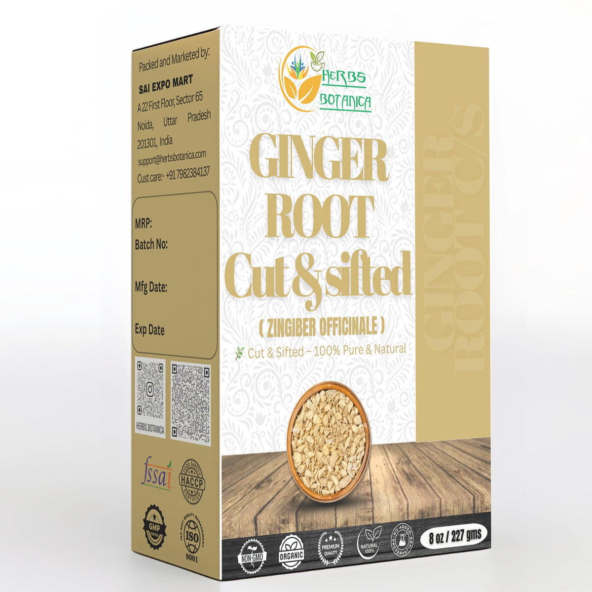 Herbs Botanica dried ginger root cut and sifted for tea ingredients.