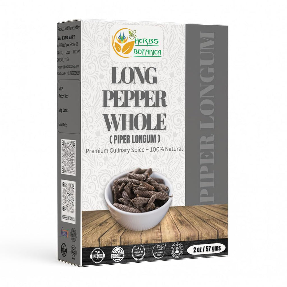 Herbs Botanica Long Peppercorns whole bottle ready for grinding and cooking.