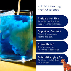 Herbs & Kettles Blue Chai butterfly-pea-closeup highlights vibrant natural color.