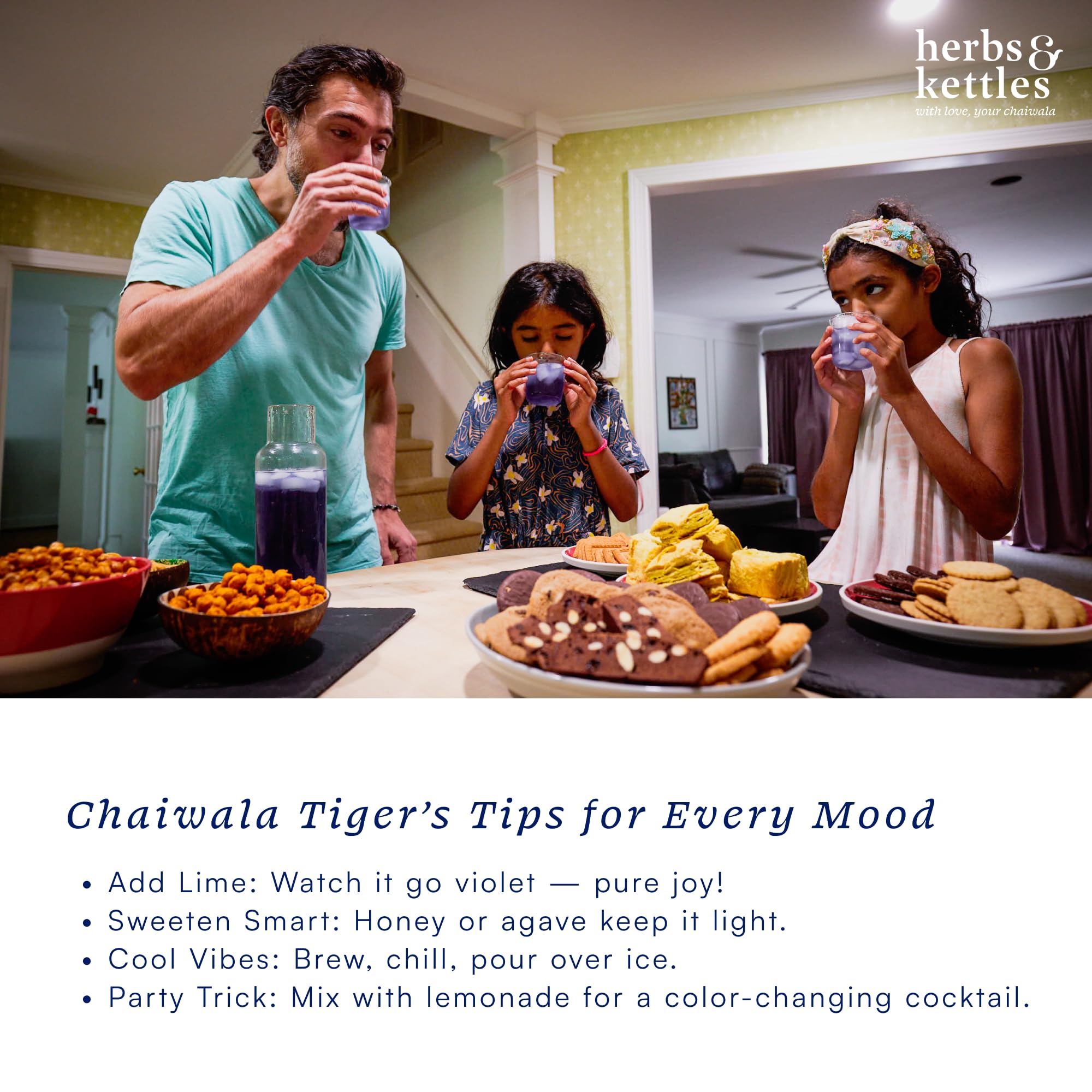 Herbs & Kettles Blue Chai colorful-brew showcases natural pigments in the cup.