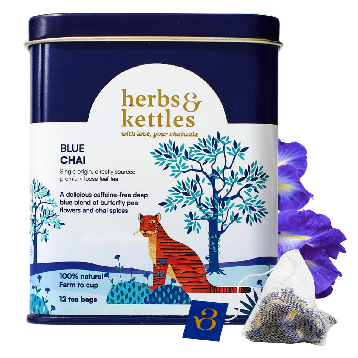Herbs & Kettles Blue Chai tin-front—premium packaging for gifting.