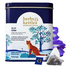 Herbs & Kettles Blue Chai tin-front—premium packaging for gifting.