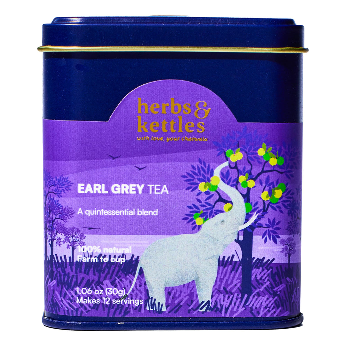 Herbs & Kettles Earl Grey tea leaves Assam for a refined morning brew.