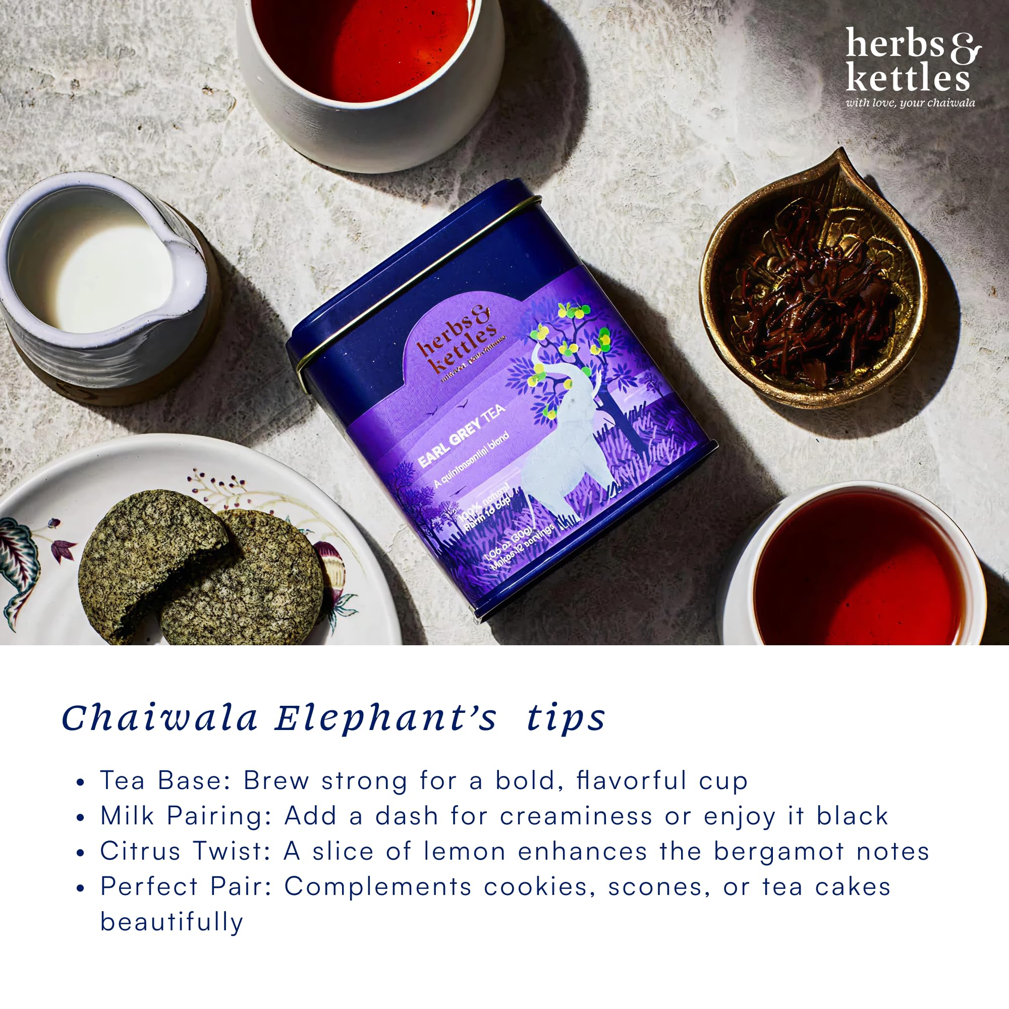Herbs & Kettles pairing with scones or cake for gourmet moments.