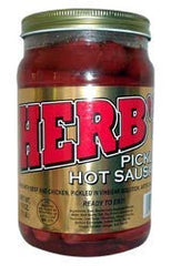 Herb's Pickled Hot Sausage jar for backyard barbecues and outdoor gatherings.