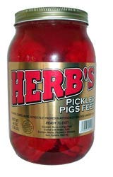 Herb's Pickled Pigs Feet jar, tangy vinegar flavor, ready-to-eat snack