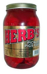 Herb's Pickled Pigs Feet jar, tangy vinegar flavor, ready-to-eat snack