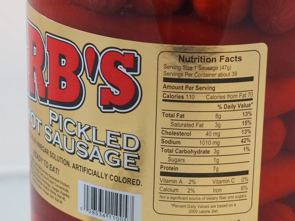 Herbs red hot pickled sausage jar label detail highlighting bold seasoning.