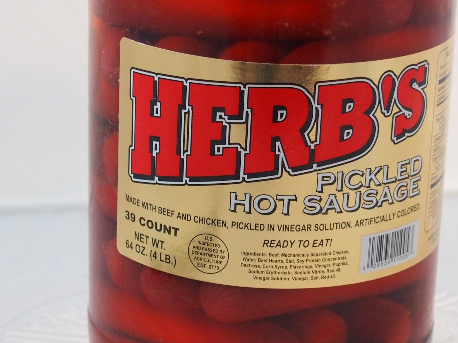 Herbs red hot pickled sausage jar ready-to-eat image emphasizing convenience.