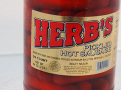 Herbs red hot pickled sausage jar ready-to-eat image emphasizing convenience.