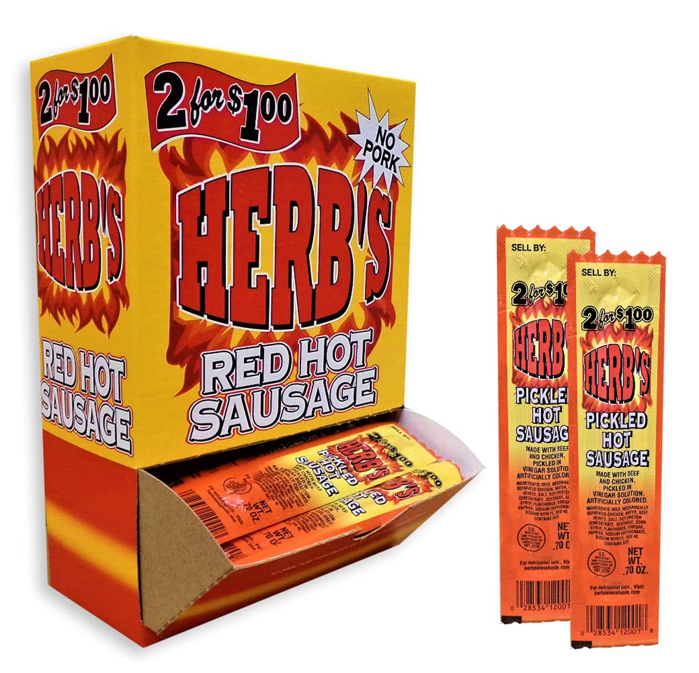 Herb's Red Hot Sausage packaging highlights bold flavor for quick meals.