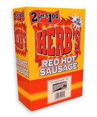 Herb's Red Hot Sausage on a plate, perfect for casual gatherings.
