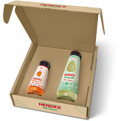 Herdez Avocado Hot Sauce 12oz bottle pouring for creamy heat in meals.