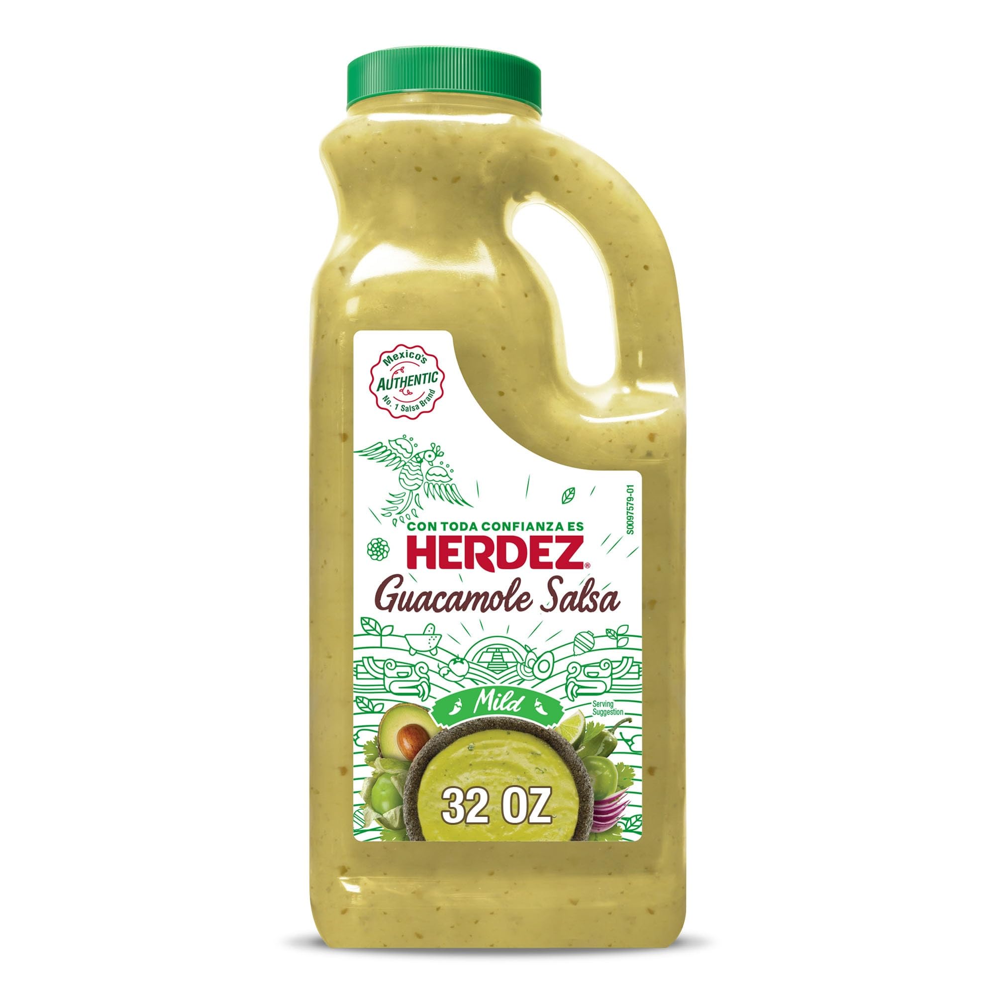 Herdez Mild Guacamole Salsa 32-ounce bottle front view for dipping