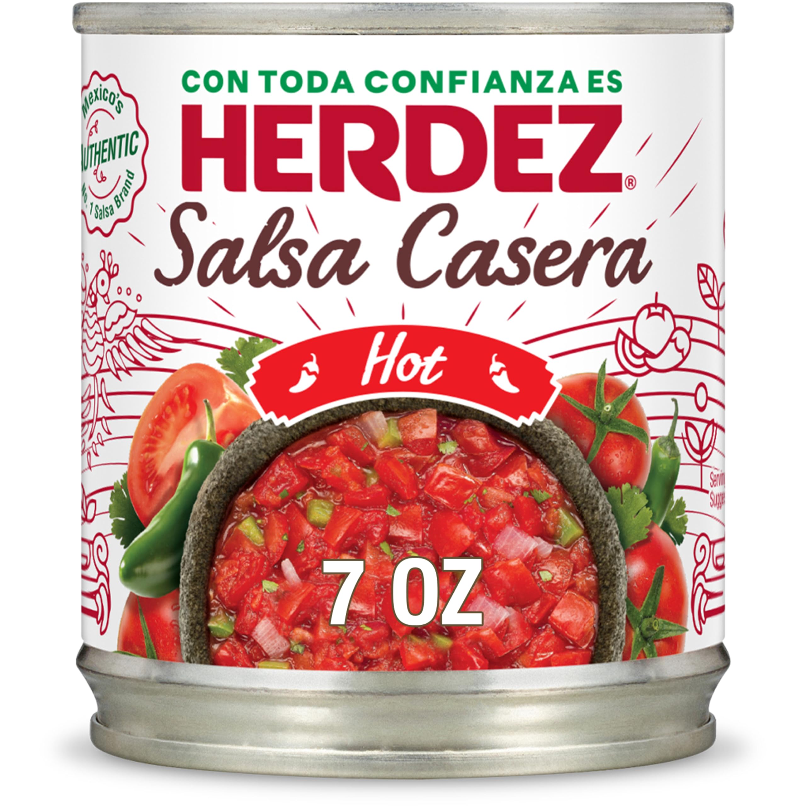 Herdez Salsa Casera Hot ingredients highlighting tomatoes and jalapeños