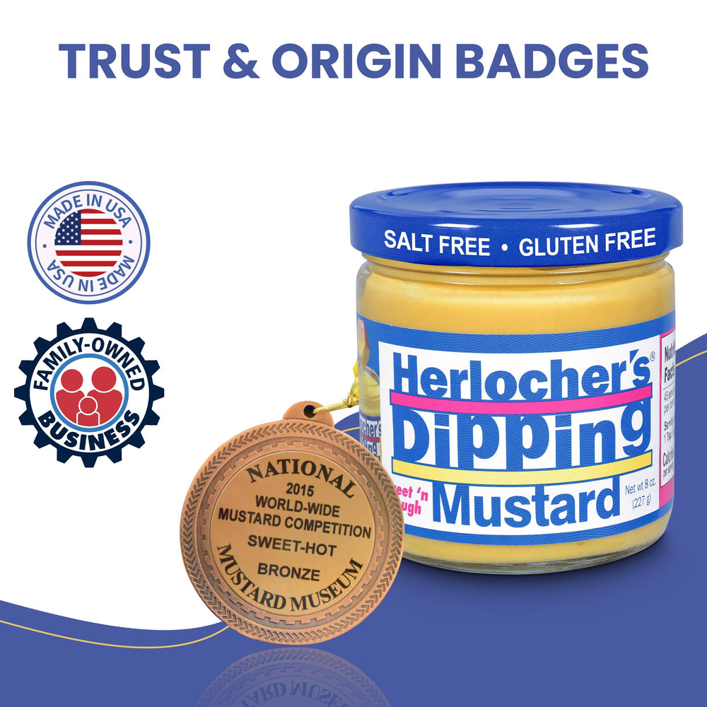 Herlocher's Dipping Mustard family-recipe heritage on label